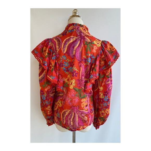 Farm Rio Bananas Ruffle Clip Dot Textured Cotton Blouse RED Puff Sleeve XS - Picture 9 of 16